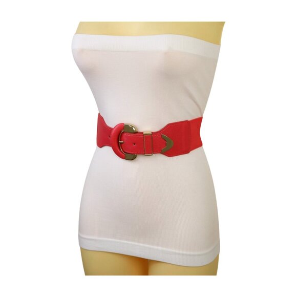 New Women Coral Pink Faux Leather Elastic Waistband Belt Round Gold Buckle S M - Picture 5 of 16